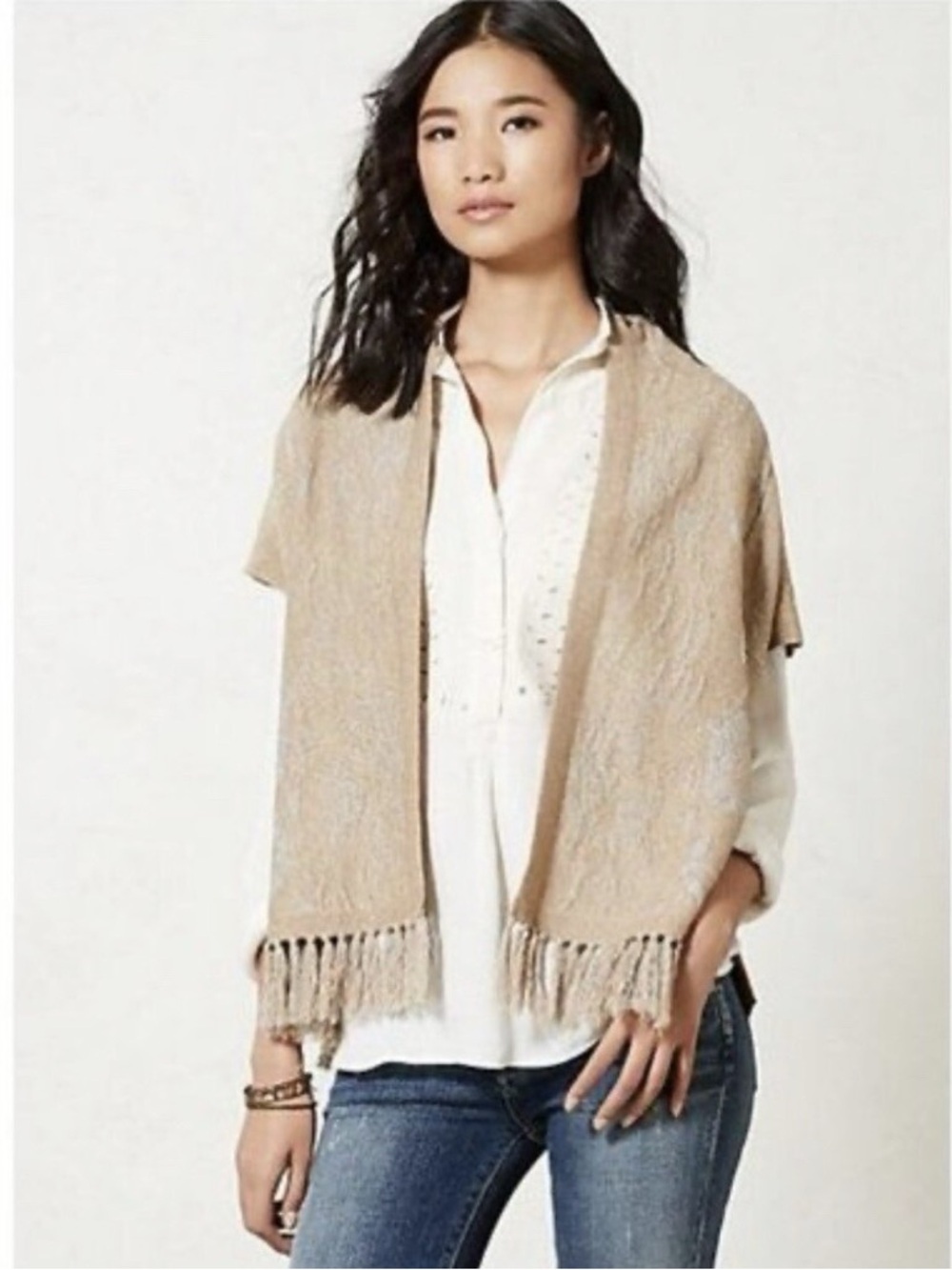 Angel Of The North Anthropologie Icebloom Metallic Fringe Cardigan Open Knit